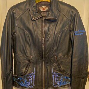 Womens Harley Davidson Black Leather Jacket with Blue Embroidery